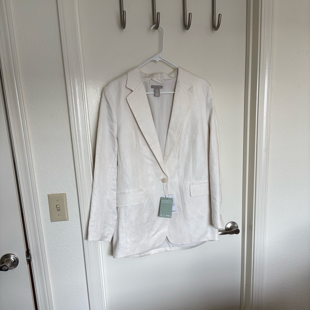 H&M Off White Oversized Linen-Blend Single-Breasted Blazer - Size Medium